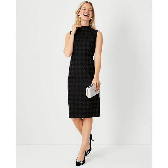 ANN TAYLOR Houndstooth Jacquard Mock Neck Sheath Dress Black 10 New‎ - Picture 1 of 16
